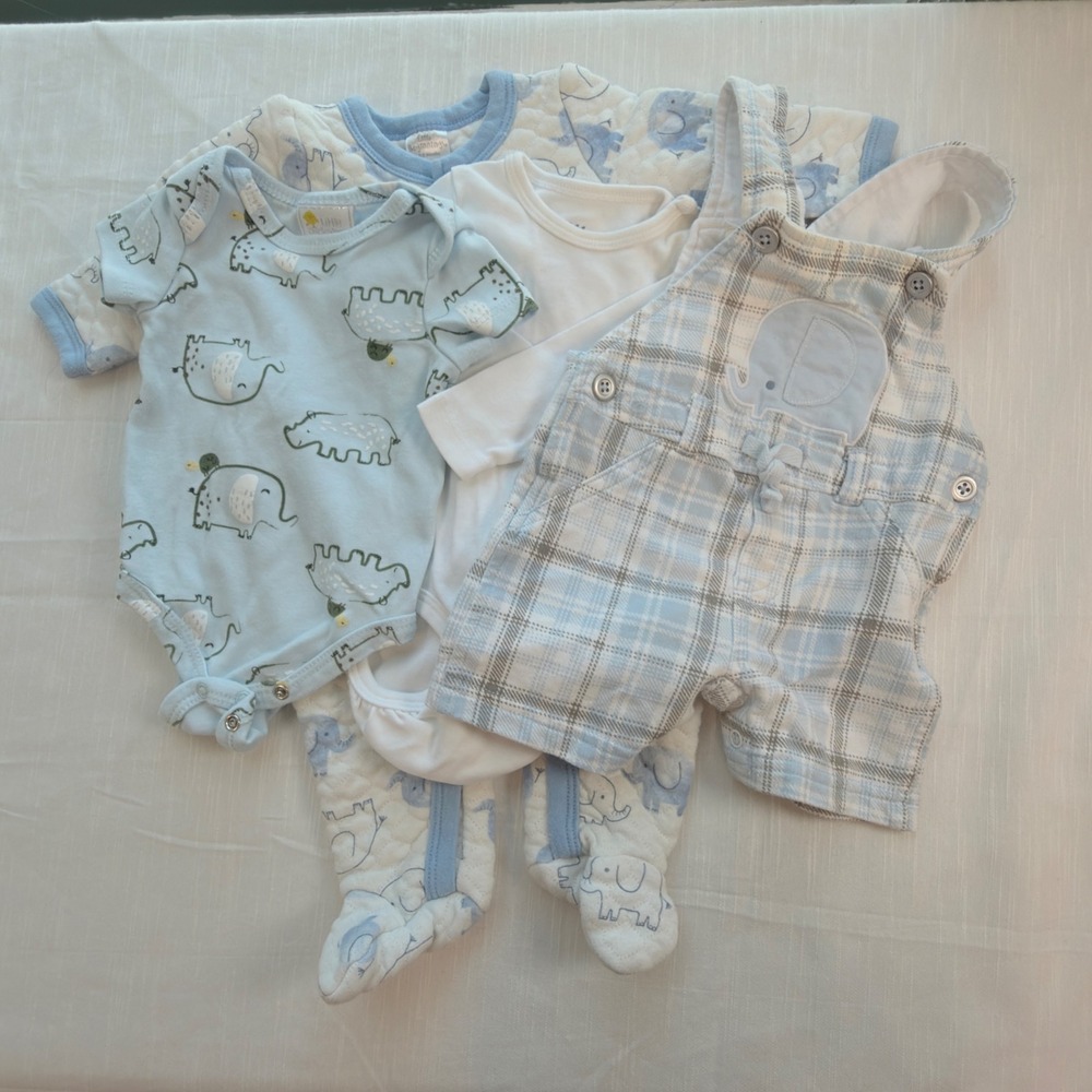H&M First Impressions Baby Boy 0-3M Blue Elephant Plaid 4pc Bundle Excellent